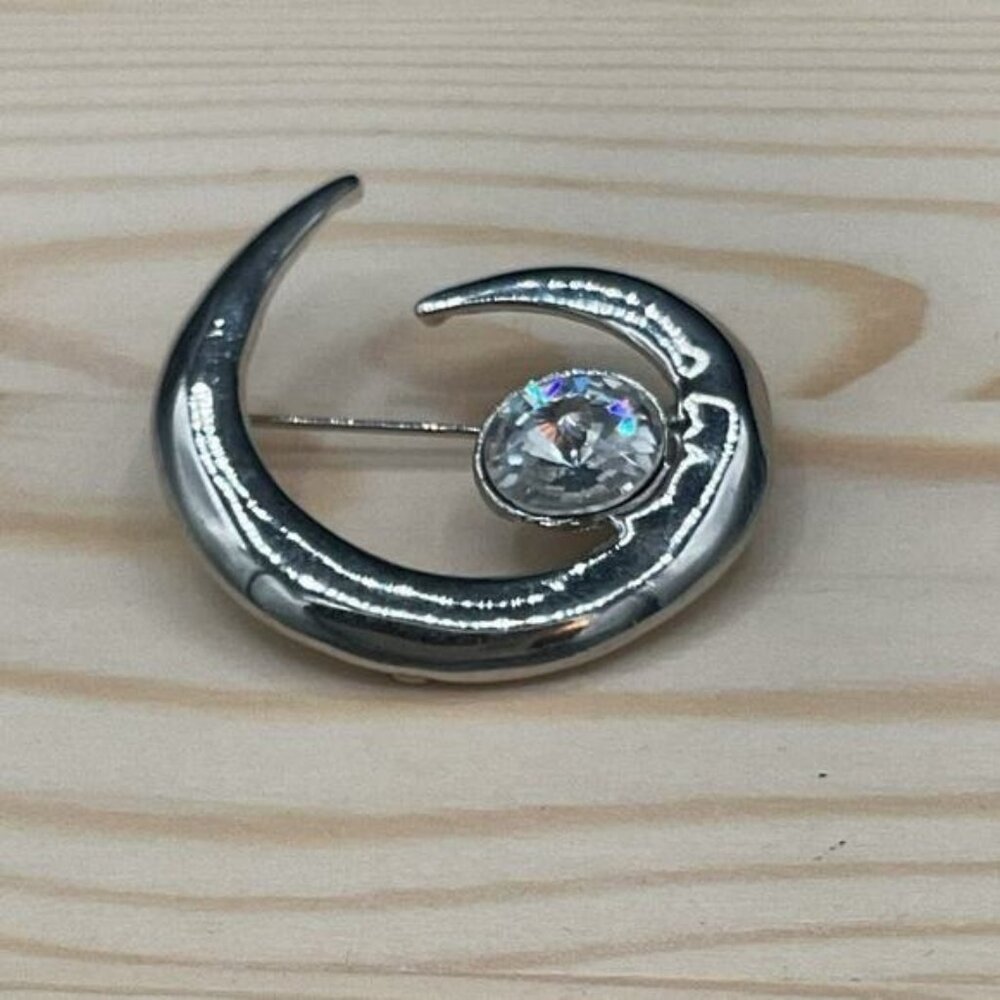 Silver-Tone Spiral Brooch With Clear Rhinestone Accent